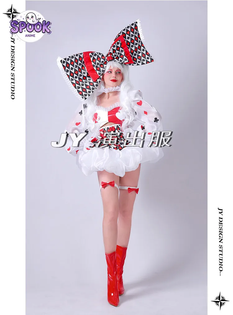 Cute Clown Dress Alice Costume Anime April Fools Day Poker Cards Bow Stage Performance Party Show Event Body Suit for Women view 3