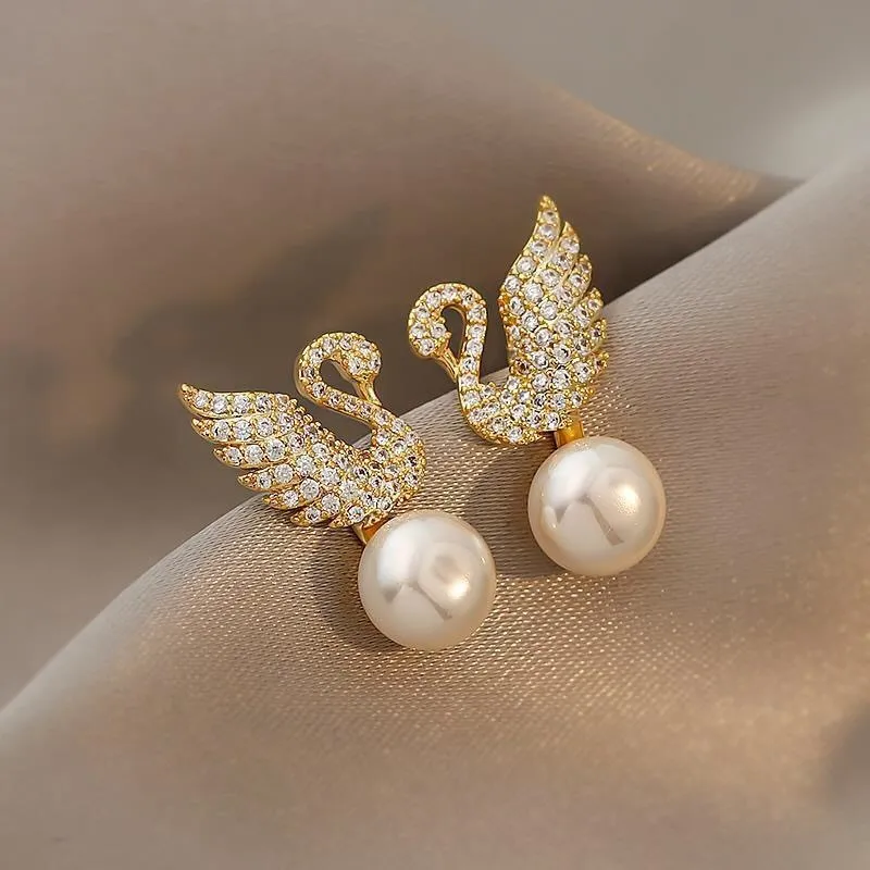 S925 Silver Needle Zircon Swan Pearl Stud Earrings for Women Simple Design Korean Version Fashion Earring Gift серьги