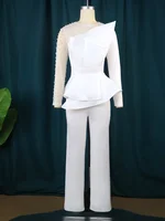 Women Plus Size Elegant Jumpsuit White Beaded Long Sleeve Tunics Wide Leg One Piece Outfits Rompers Curvy Ladies Chic Clothes - Image 4