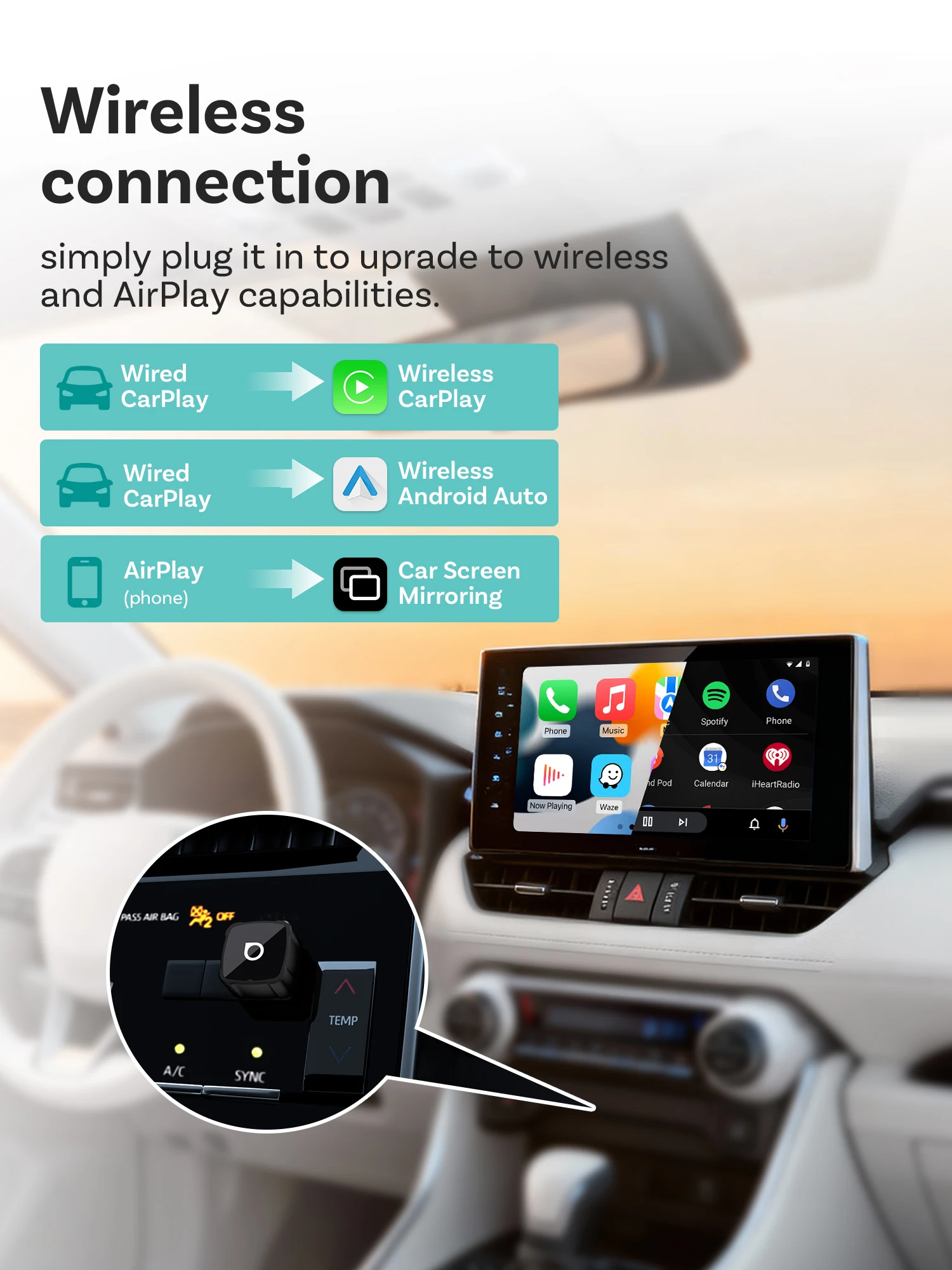 OTTOCAST MINI AIR Cube 4.0 Bezprzewodowy Adapter CarPlay Android Auto 3 w 1 do Klonowania Ekranu, Akcesoria Samochodowe do Youtube i Tiktok — 2