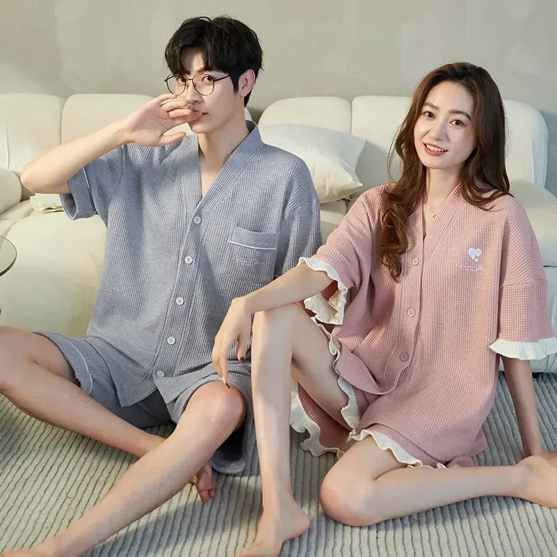 Waffle Couple's Shorts New Pajama Sets Summer Fashion Sleepwear For Pijamas Korean Young Loungewear Pajamas Cotton Casual