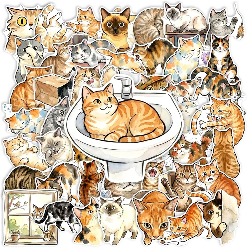 10/30/50PCS Watercolor Orange Cat PVC Sticky Sticker Aesthetic DIY Decoration Scrapbooking Phone Hand Accounting Supplies