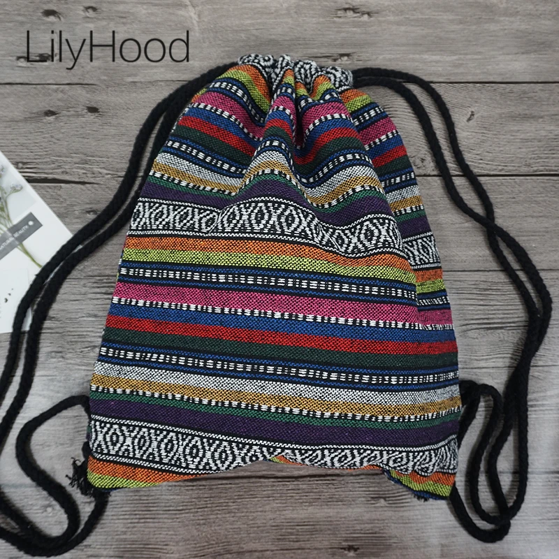 2024 Female Vintage Backpack Gypsy Bohemian Hippie Tribal Ethnic Retro Folk Boho Knitting Woven Cottagecore Drawstring Sack Bag