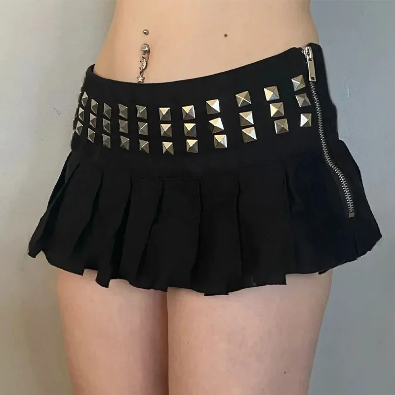 Summer Fashion Street Wear Women's Gothic Punk Cross Nail Fold Mini Skirt High Waist Short Skirt Black Zipper Skirt New