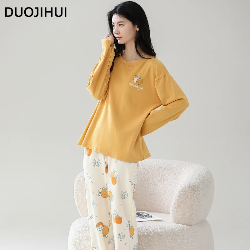 DUOJIHUI Contrast Color Casual Home Pajamas for Women Autumn Chic Printing Loose Pullover Simple Pant Fashion Female Pajamas Set