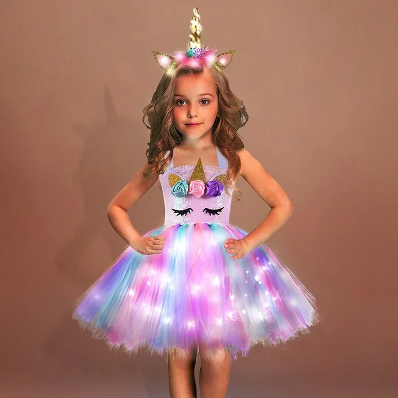 Purim disfraz de unicornio con luz LED para niños, disfraz de Halloween, Navidad, fiesta, escenario, actuación, regalo de cumpleaños