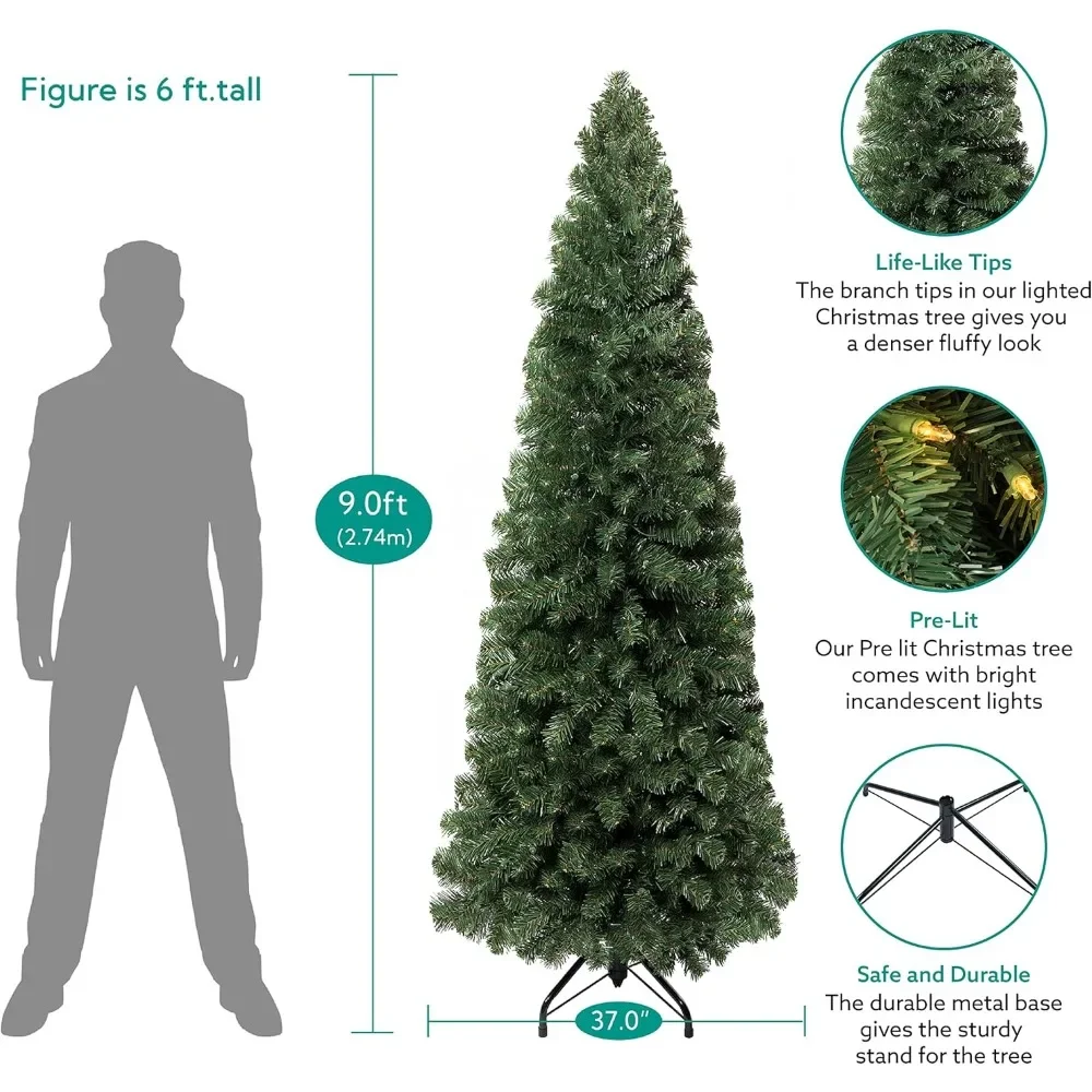 9ft Prelit Artificial Christmas Tree with 1455 Branch Tips,500 Warm Lights and Metal Stand,37