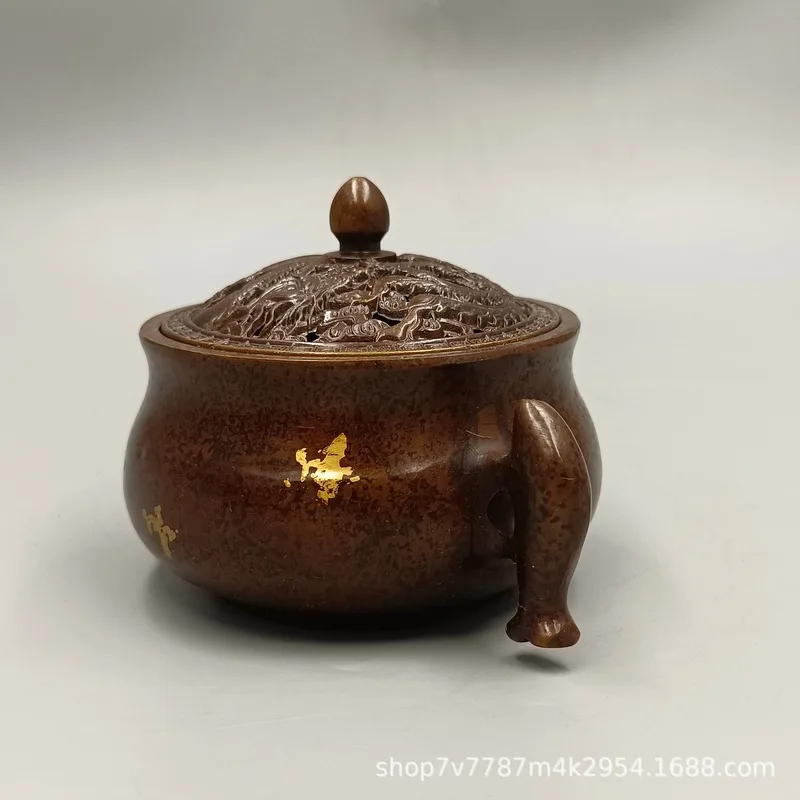 Antique-style red copper craft, double-fish, dragon and phoenix design incense burner, home decoration ornament