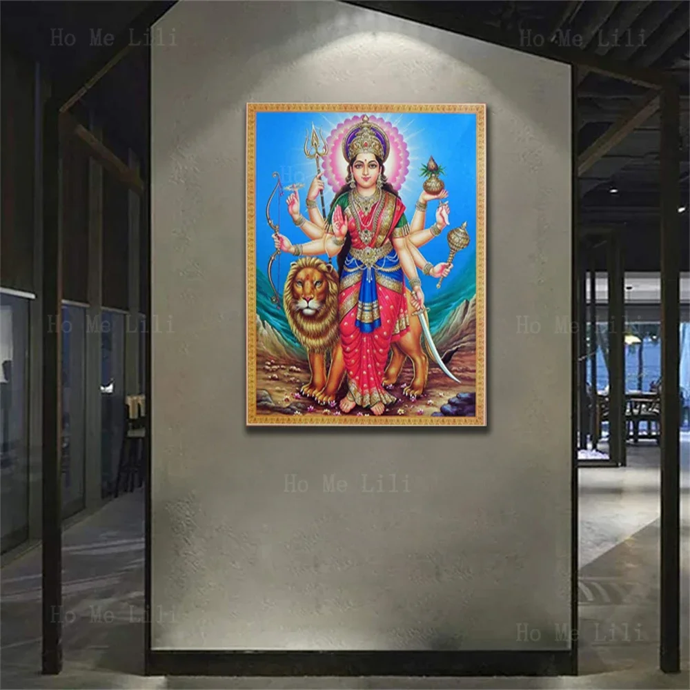 Hindu Mythology Goddess Kali Durga With Lion And Tiger Hinduism Shiva Canvas Wall Art Painting