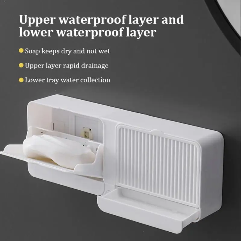 Soap Dish Drain Double Grid Soap Holder Box MultiFuction Punch-free Vertical Wall-Mounted Soap Box with Lid Without Perforation