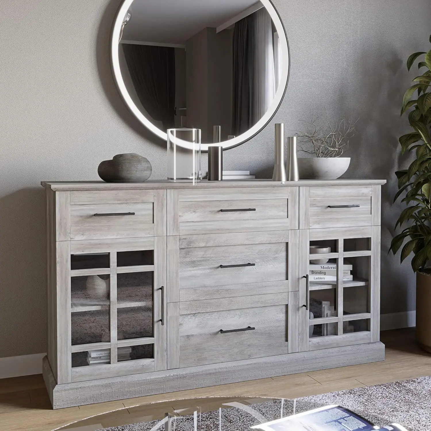 Sideboard Buffet Console Table Versatile Media Cabinet with Drawers and Adjustable Shelves 58 Inch Astorga Gray Wash