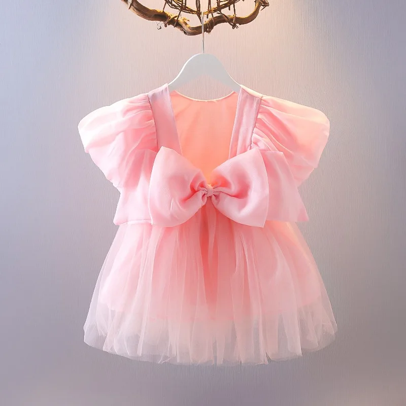 Summer New Baby Dress Girls Big Bow Mesh Splicing Brocade Backless Dress  Girls Sweet Princess Bubble Sleeve Tutu Dress