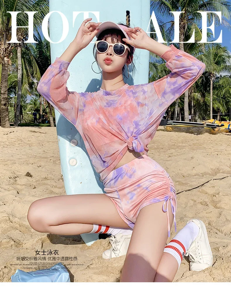 Korean Sports Three-Piece Multi-Color Printing Double Sling Low-Cut High-Waist Body Suit Shorts Side Drawstring Sweet Swimsuit