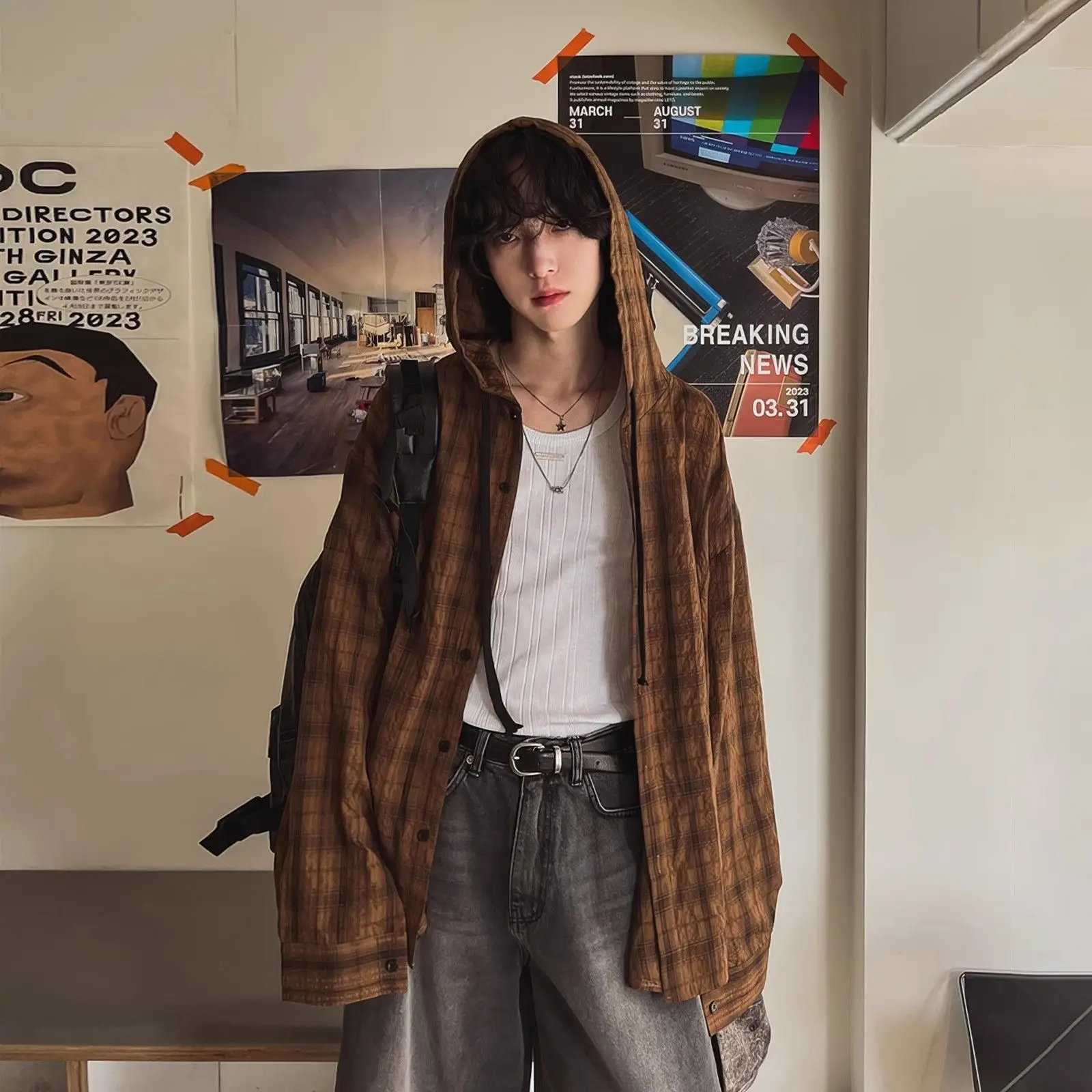 Long Sleeved Hooded Checkered Shirt Men Women Retro Maillard Leisure Brown Sunscreen Coat Japanese Loose Stylish Streetwear