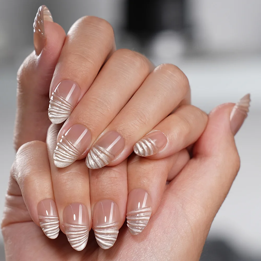 VITAGWX 64pcs Almond Press on Nails 2Sets 32pcs Fake Nails Black French Tip Nails Reusable Short False Nails Cat-eye Nail Art