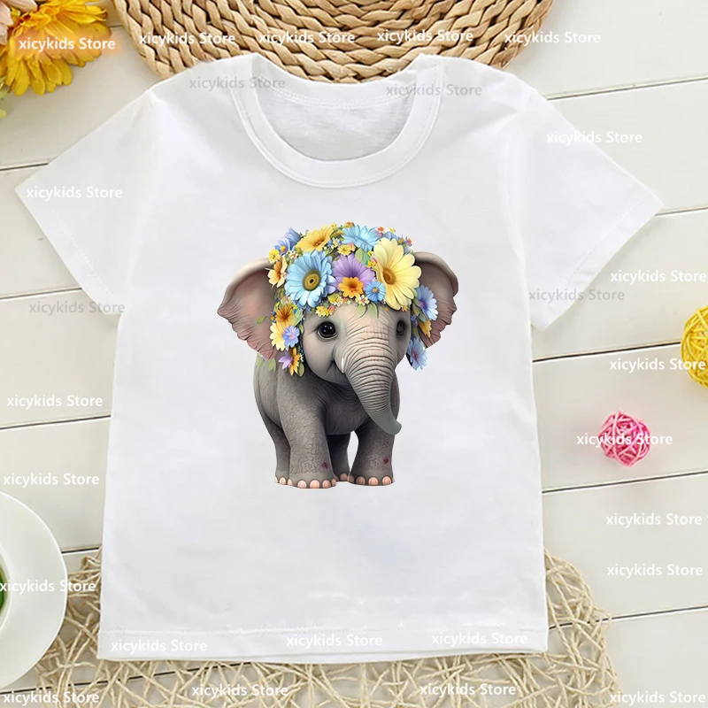 Kawaii Girls' T-Shirts Cute Baby Elephant Animal Print Girls' Clothing Summer Harajuku Children'S Tshirts Top Dropshipping