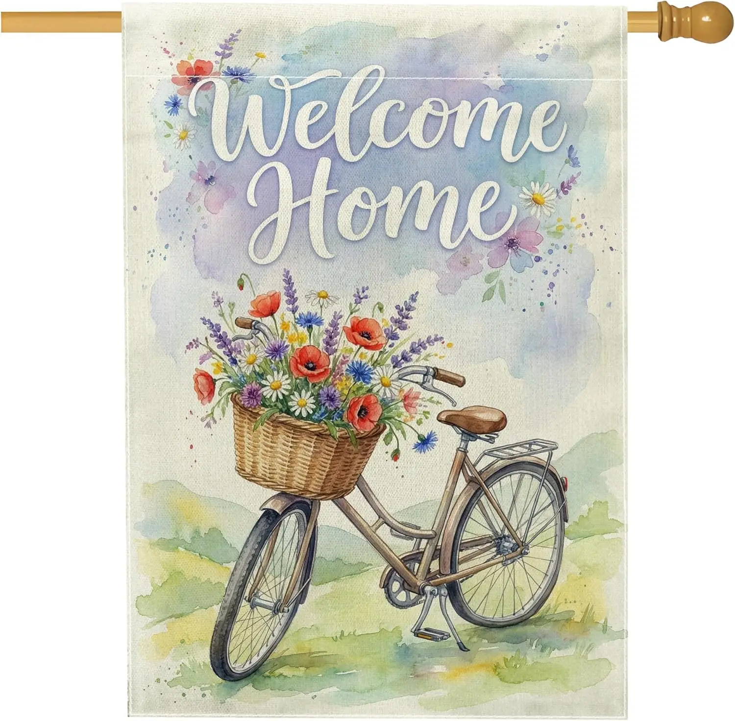 Bike House Flag, Watercolor Fanciful Flowers Basket Spring Pastel Double Sided Burlap Outside Large Garden Flag for Outdoor  GGO