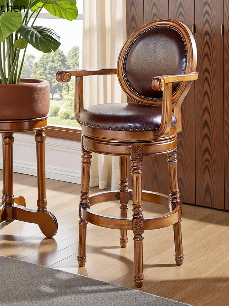 ZML Solid Wood Bar Chair Retro High Stool with Backrest Genuine Leather Swivel Home Bar Chair Bar Stool
