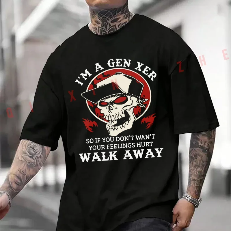 I'm A Gen Xer Slogan With Skull & Red Flame Graphic Moto Men's Summer Cotton T-shirt Short Sleeved Casual Round Neck Tops