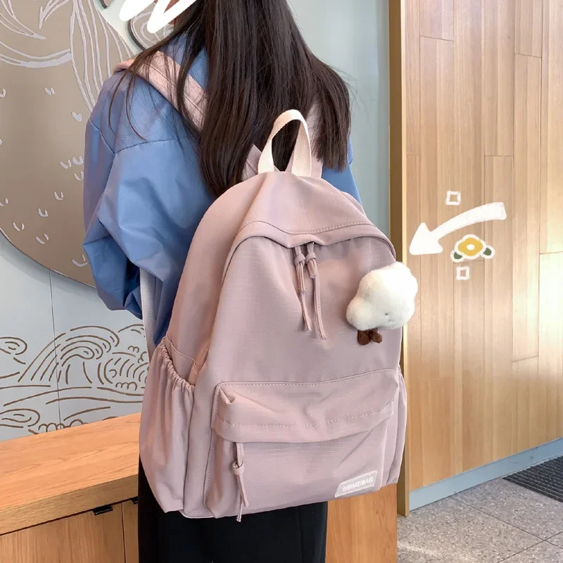 Solid Color Backpack Zipper Schoolbag + Cloud Pendant Large Girls Travel Bag College Female Laptop for Girls Schoolbags