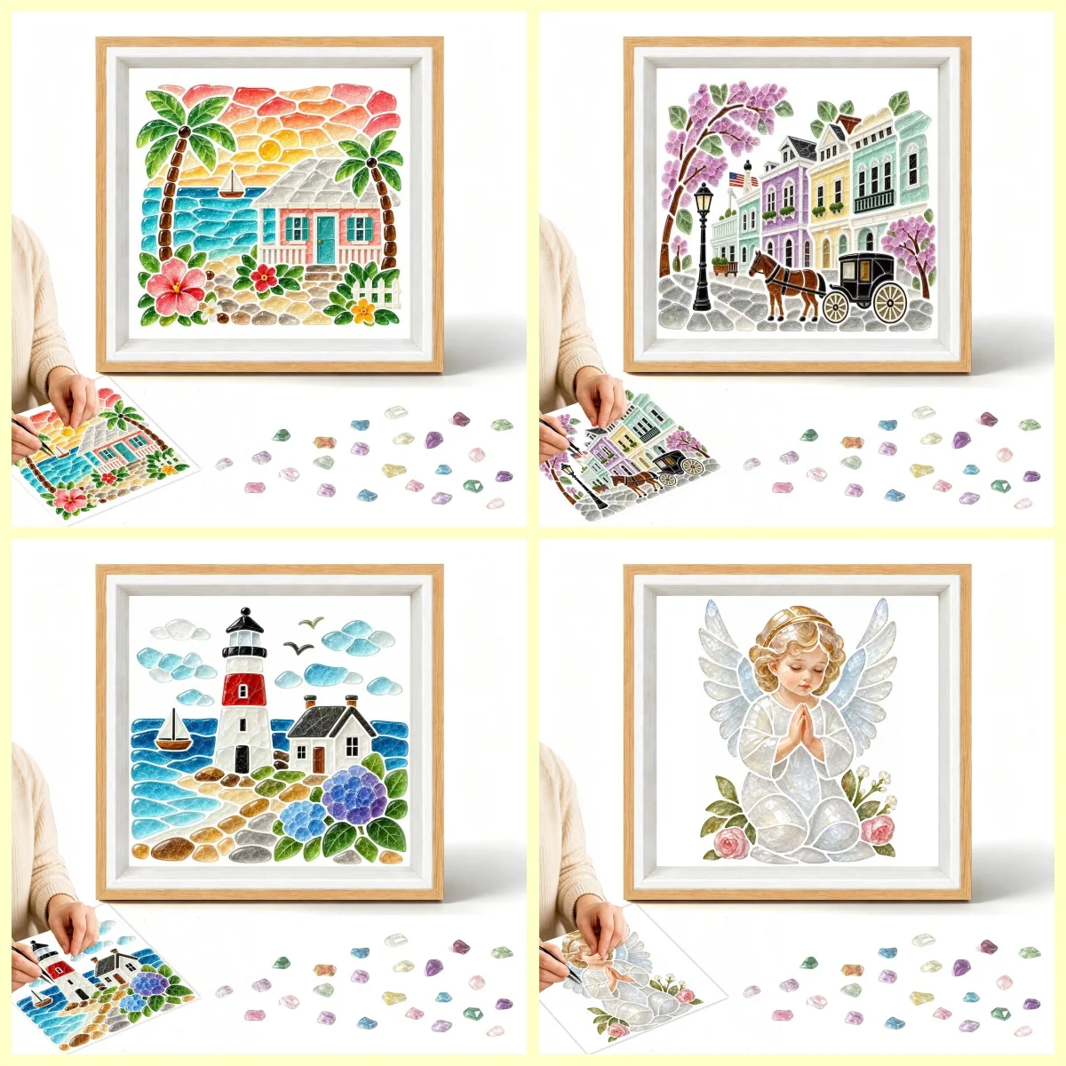 1 Piece of sea glass Mosaic set, hand-Painted, sea view room, little angel Pattern with photo frame, no glue, gift for mother