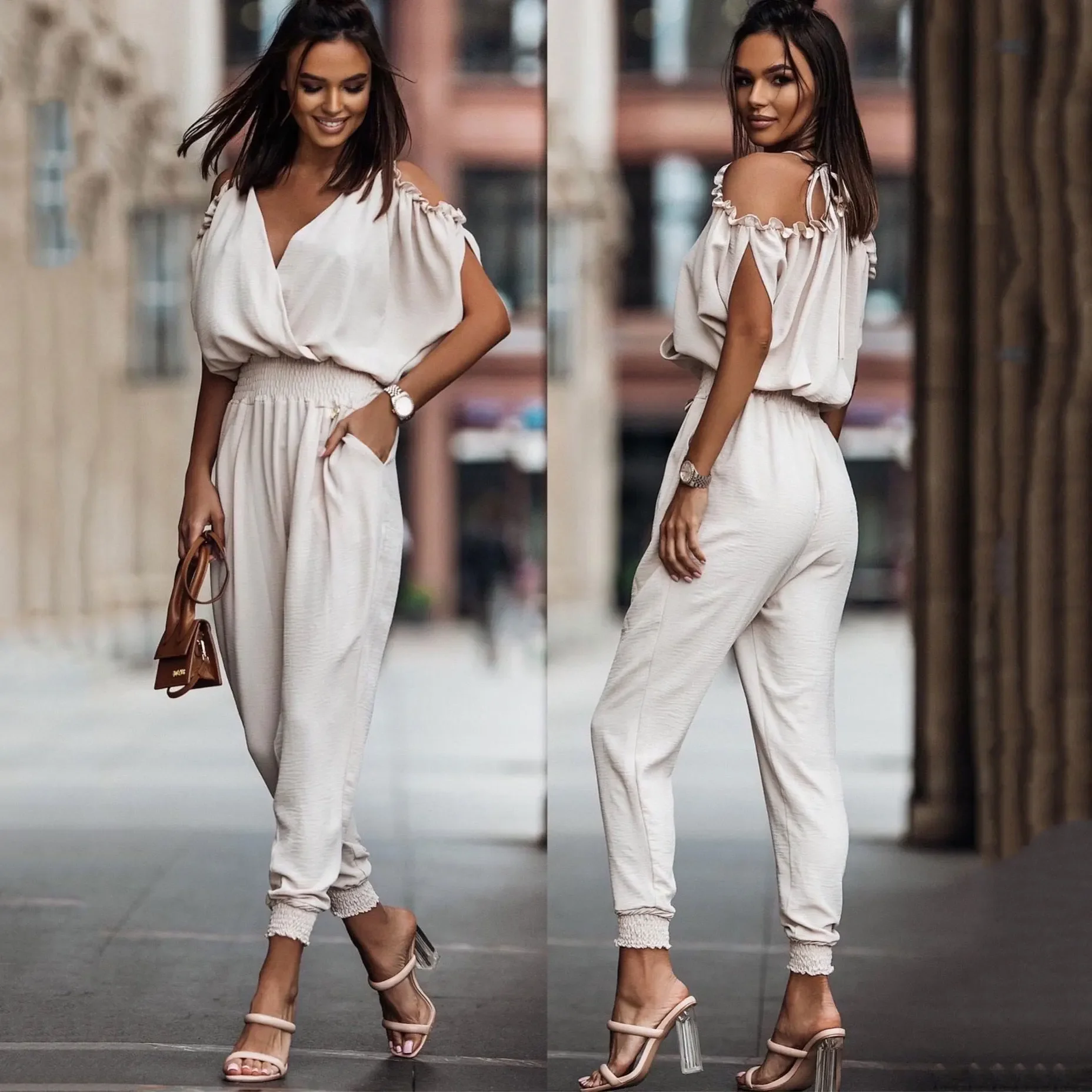 Women Jumpsuits Summer Casual Solid Elastic Waist Bodycon Jumpsuit Sexy Off Shoulder V Neck Short Sleeve Solid Pocket Long Pant