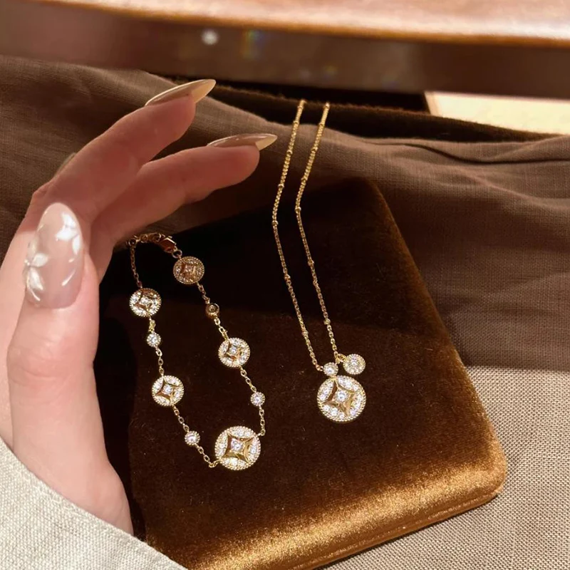 New Chinese style Copper Coin Necklace Fashionable Light Luxury Zircon Money Bracelet Coin Earrings for Women Jewelry Set KOFSAC