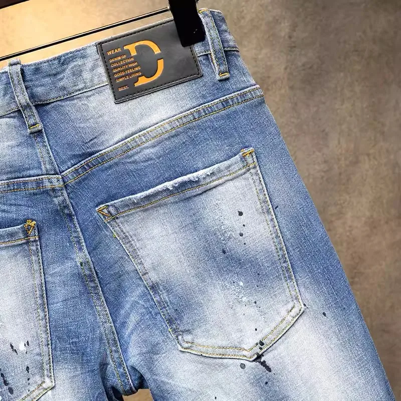 Street Fashion Men Jeans Retro Light Blue Stretch Skinny Fit Ripped Jeans Men Painted Designer Hip Hop Vintage Denim Pants