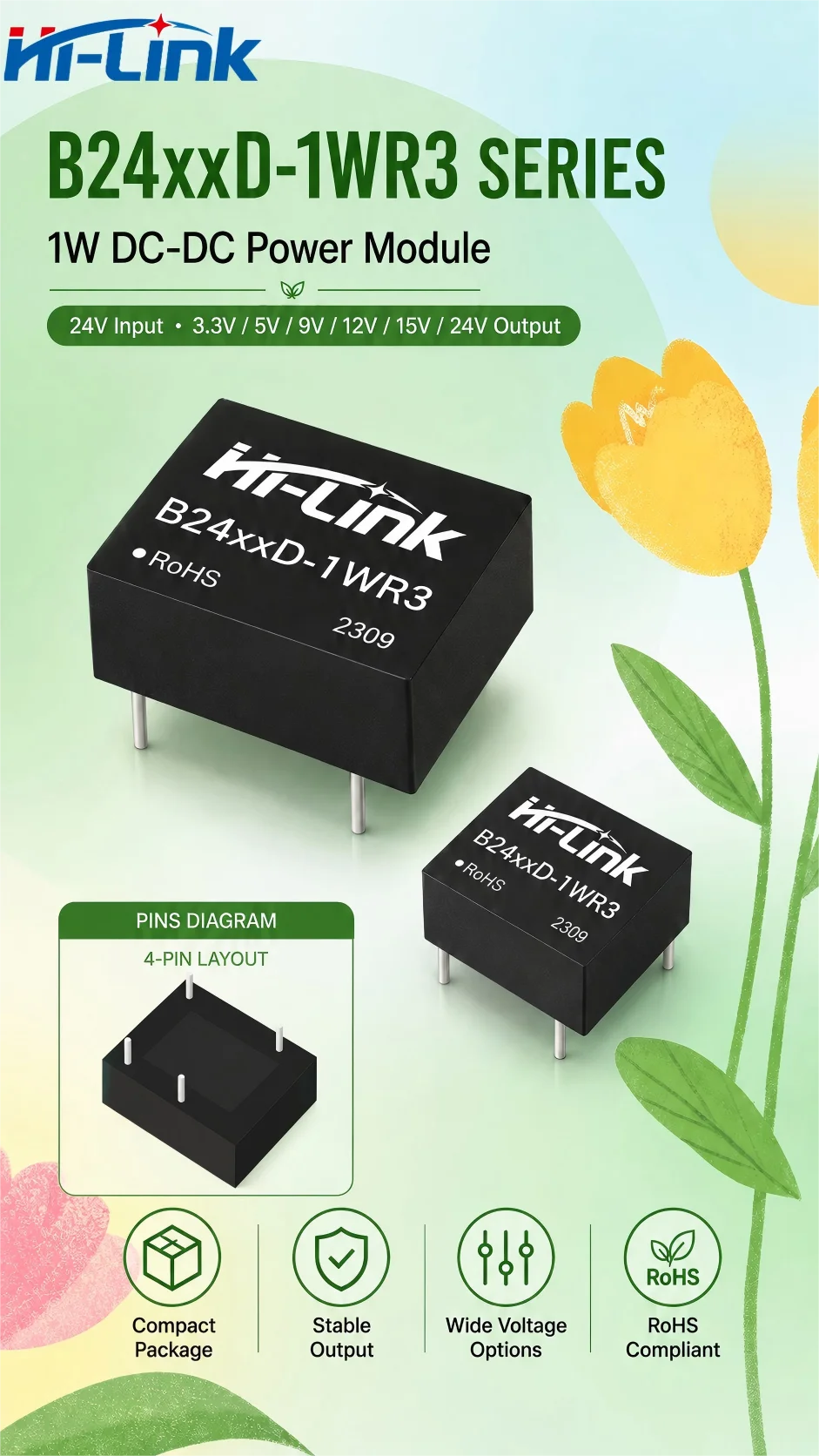 B2405D B2412D 1W Standard Pin SIP Transformer 1500VDC Voltage Insulation Auto Recover Short Circuit Shield 0 025mA Idle Draw