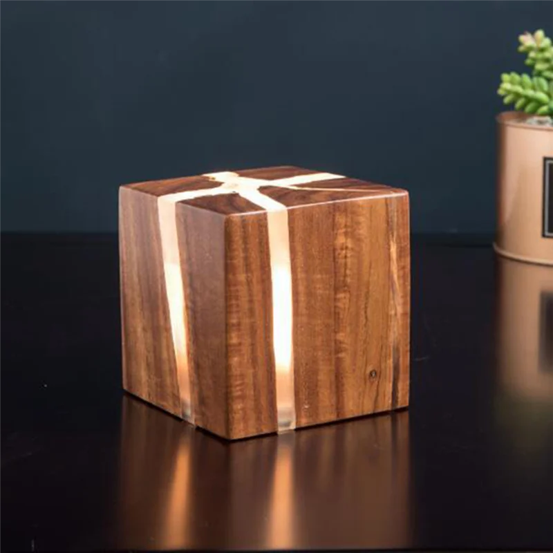 ABLN-Decorative LED Wall Light Cracked Wood Square Solid Wood Bedlight Corridor Balcony Lighting
