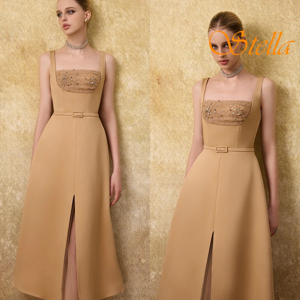 Abito da sera senza maniche classico personalizzato con colletto quadrato Temperamento Abiti da ballo in raso Abiti da ritorno a casa in cristallo delicato