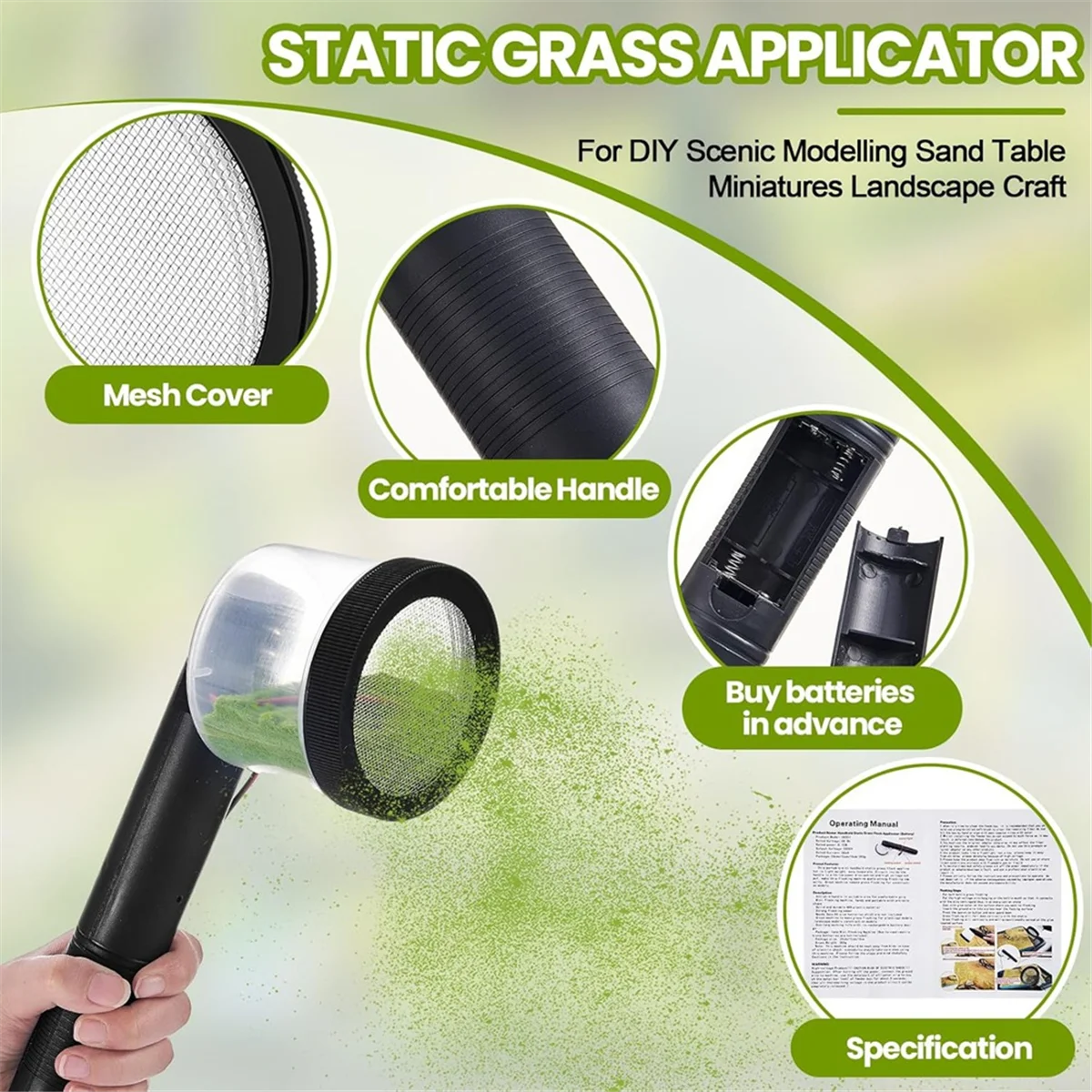 SSR Mini Static Grass Applicator Flocking Kit with Anti Slip Handle and 4 X 60g Colors Grass, Diorama Making Supplies, Model