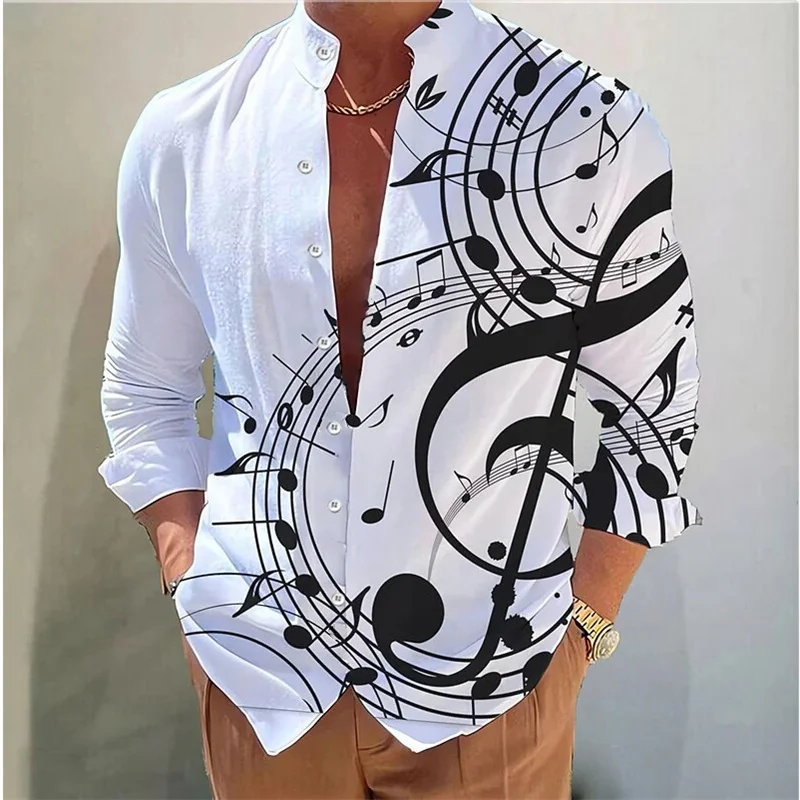 2024 new men\'s summer long sleeve shirt music print design comfortable elegant men\'s shirt oversized casual wear top