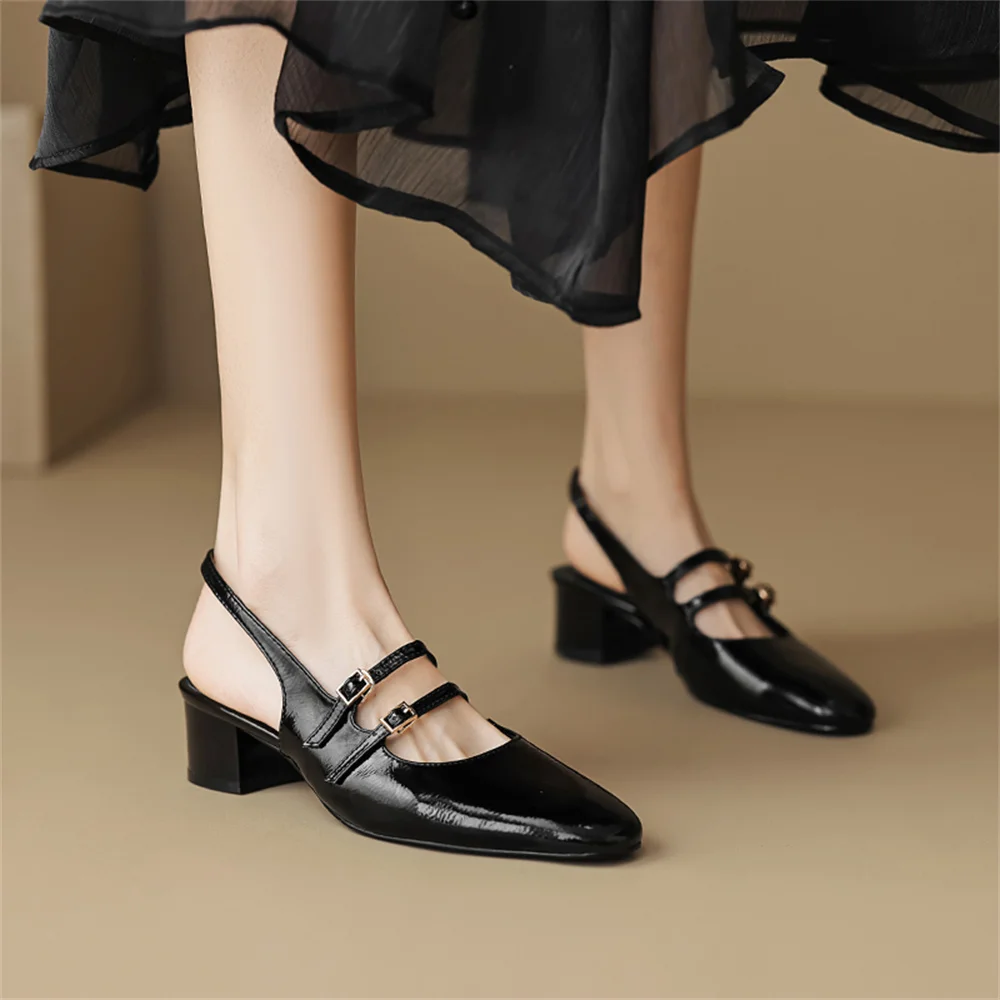 FEDONAS Women Genuine Leather Pumps Slingbacks Thick High Heeled Office Shoes Woman Elegant Party Shoes Silver Black Sandals