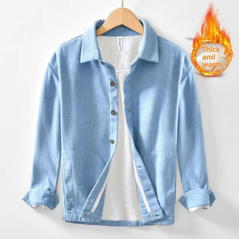 

Thiened Fce Lined Long Sve Linen irt Men's Casual Jaet Retro Cotton Linen Outerwear Pure Color Winter Warm Coat