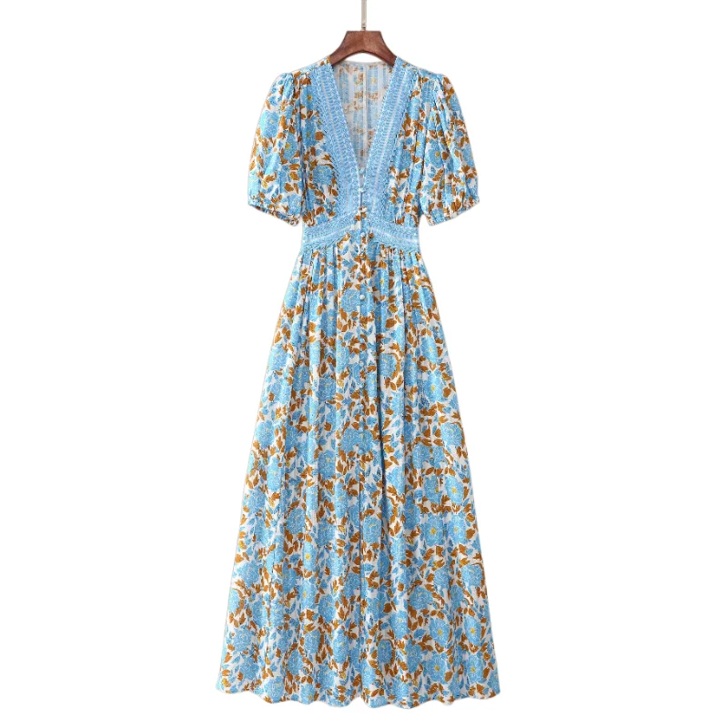 2026 New Collection | French Blue & White Floral Cotton Dress | V-Neck Lace Trim Waist-Cinching Midi Dress | US2-US12