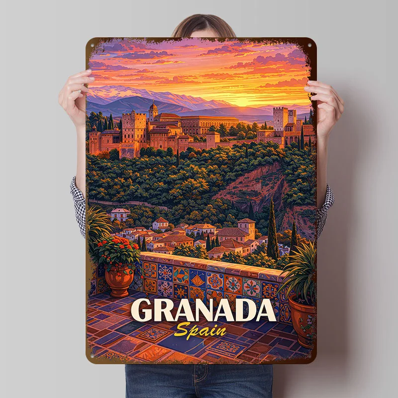 Póster de Metal con la Atardecer de la Alhambra en Granada, España, Arte de Pared Personalizado, Letreros Metálicos Retro Vintage para Habitaciones de Fans, Decoración de Baños y Hogar