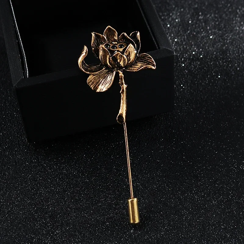 Ancient Personality Lotus Flower Brooch Shirt Lapel Pin Suit Corsage Long Needle Pins and Brooches for Women and Men Accessories