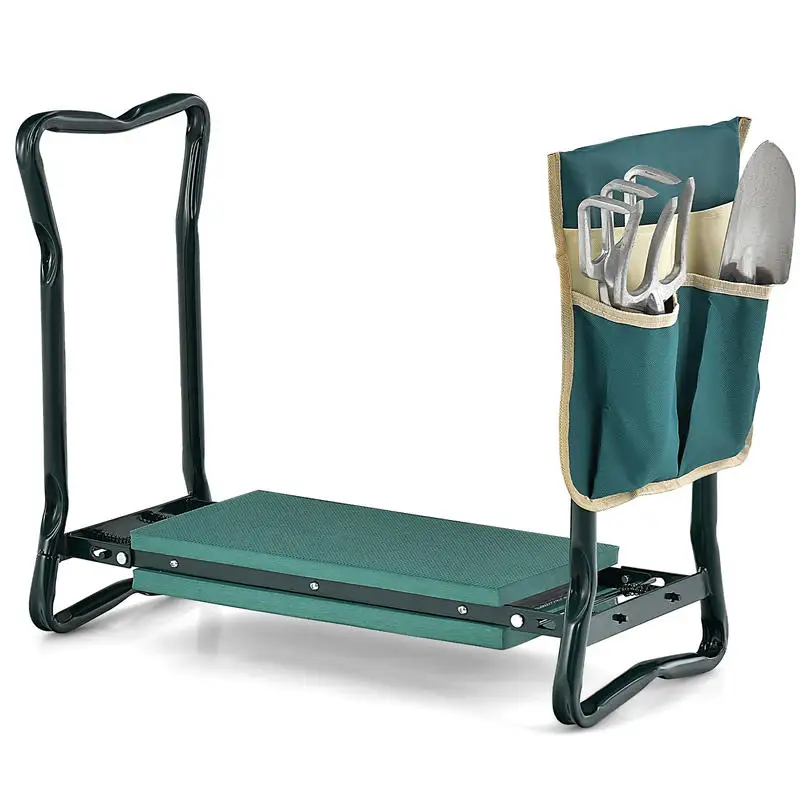 Garden Kneeler And Seat, Foldable Gardening Bench With Thick EVA Foam Cushion, Heavy Duty Steel Frame With Side Tool Bag, Portable Knee Protector For Seniors, Outdoor Yard Work, Green