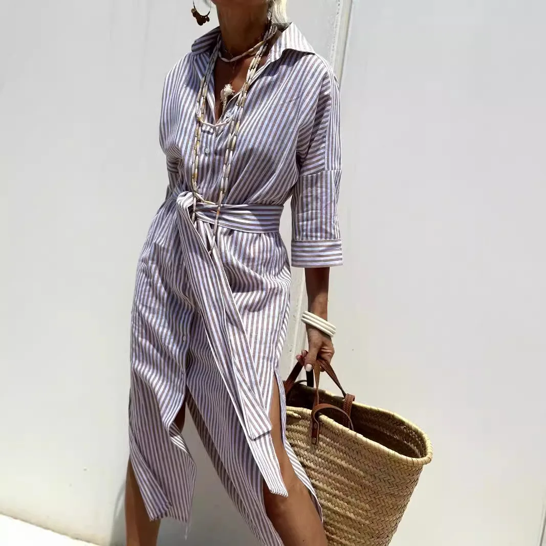 

Spring Autumn Striped Dress Women‘s Geometric Printing Lace On Holiday Elegant Lapel Button A Line Long Sleeve Shirt Dress 2025