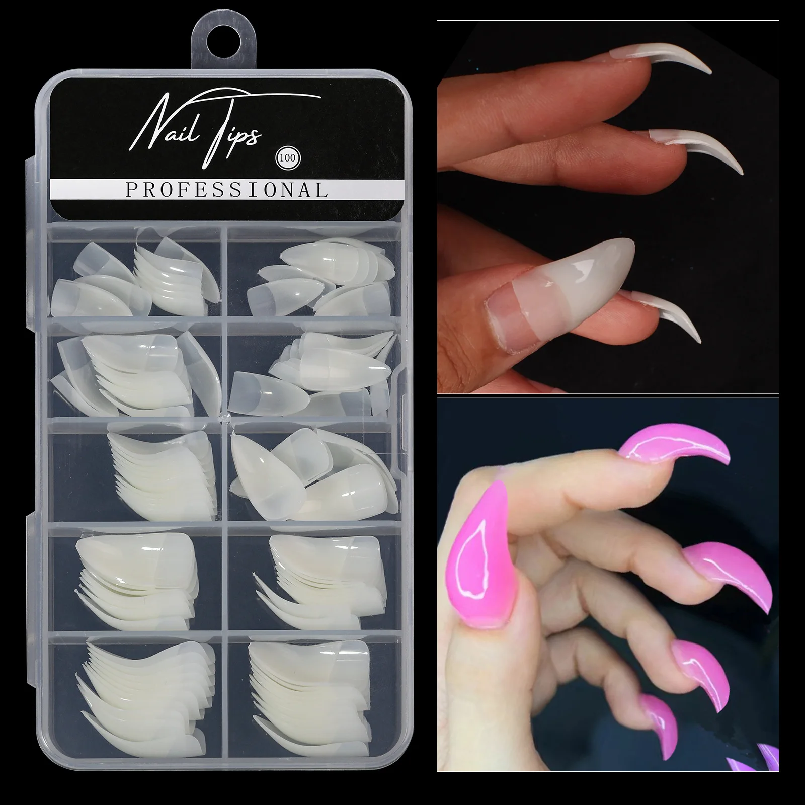 100pc Hawk curvi Nail Tips 10 taglie borsa mezza copertura speciale a forma di punta Nail Art Salon Long Bend Nature Curve False Nail Tips