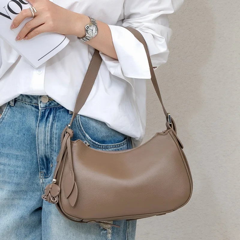 Minimalist Casual Shoulder Bag for Women Everyday Soft Premium Genuine Natural Grain Leather Adjustable Strap Luxury Handbag