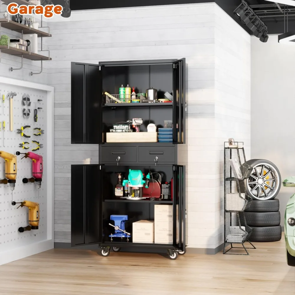 Garage Cabinet with Locking Doors,Tool Storage Cabinet with 4 Wheels and 2 Drawer and Adjustable Shelves- 71