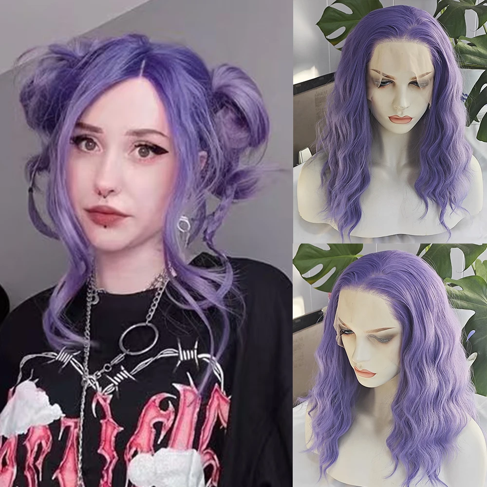 

Purple Hair Bob Synthetic Lace Wig Natural Hairline Body Wave Heat Resistant Lace Front Women Cosplay Wear Short Bob Purple Wig