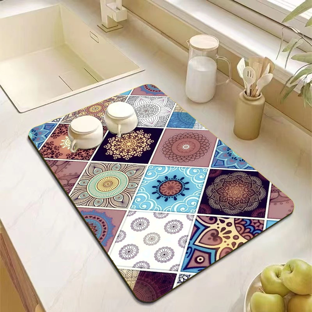 Colorful Retro Tile Pattern Dish Drying Mat Absorbent Kitchen Counter Mat Bohemian Floral Square Tile Table Pad Home Kitchen Dec