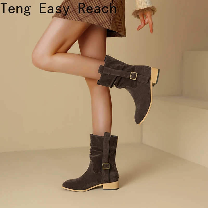 شتاء جديد الأحذية النسائية كعب منخفض كبير 40-43 الجلد المدبوغ حذاء من الجلد للنساء البني أحذية طويلة 45-48 #4