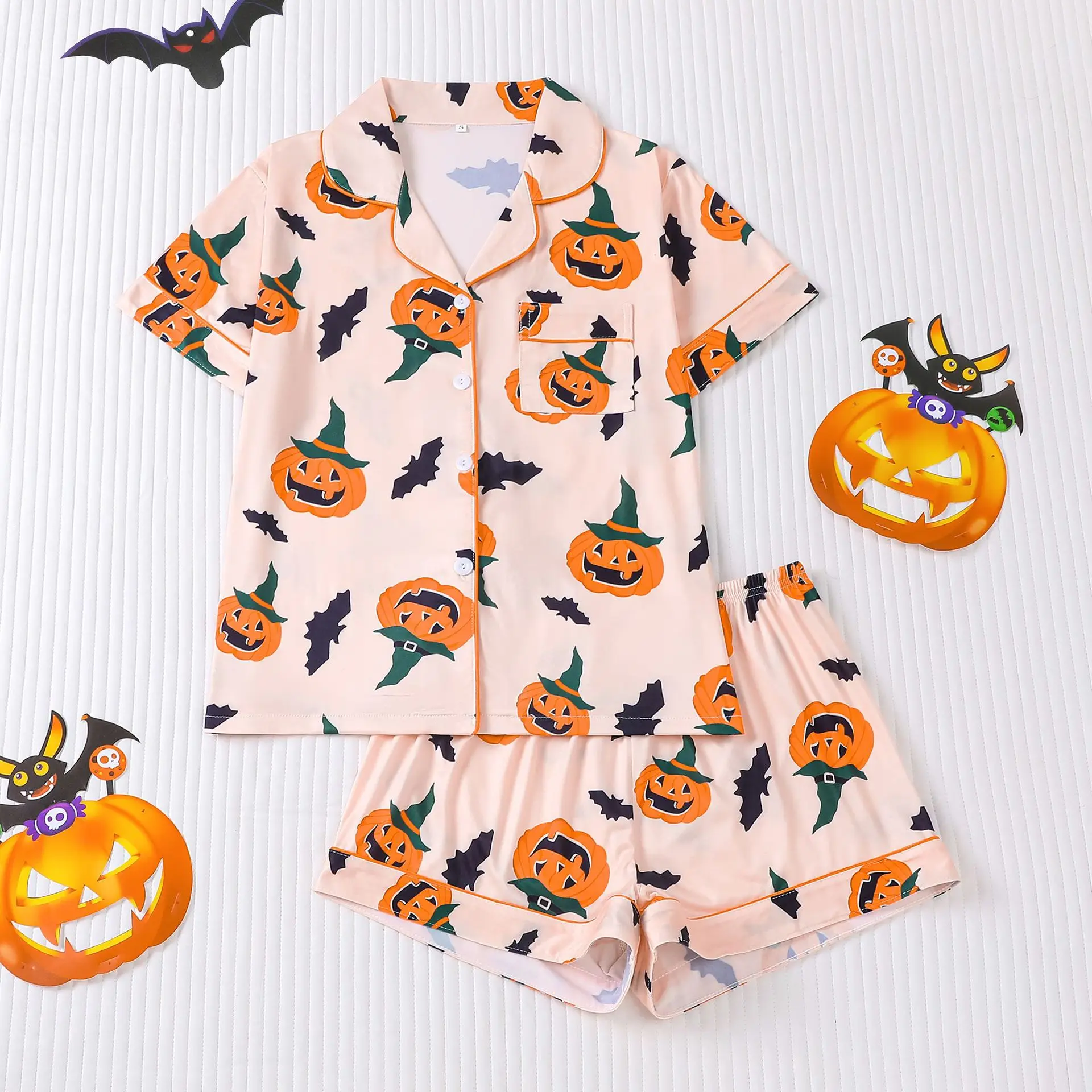 

Halloween Pajama Set Women Nightwear Ghost Pumpkin Print Short Sleeve Sleepwear Soft Comfortable Summer Nightgown Wear ﻿