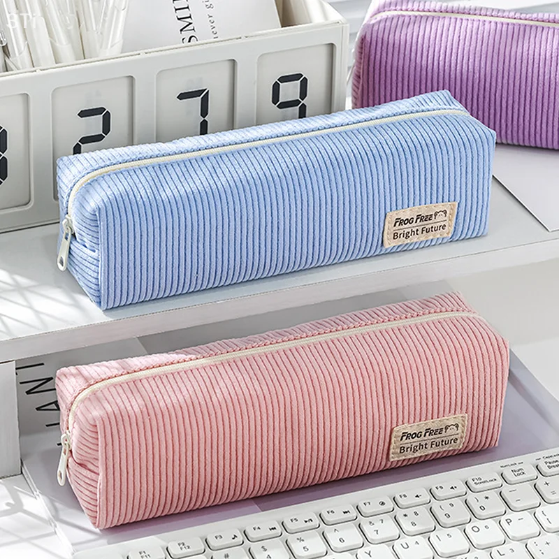 Ретро вельветовый однотонный пенал, минималистичная сумка для хранения канцелярских принадлежностей, модный пенал, большой вместительный пенал