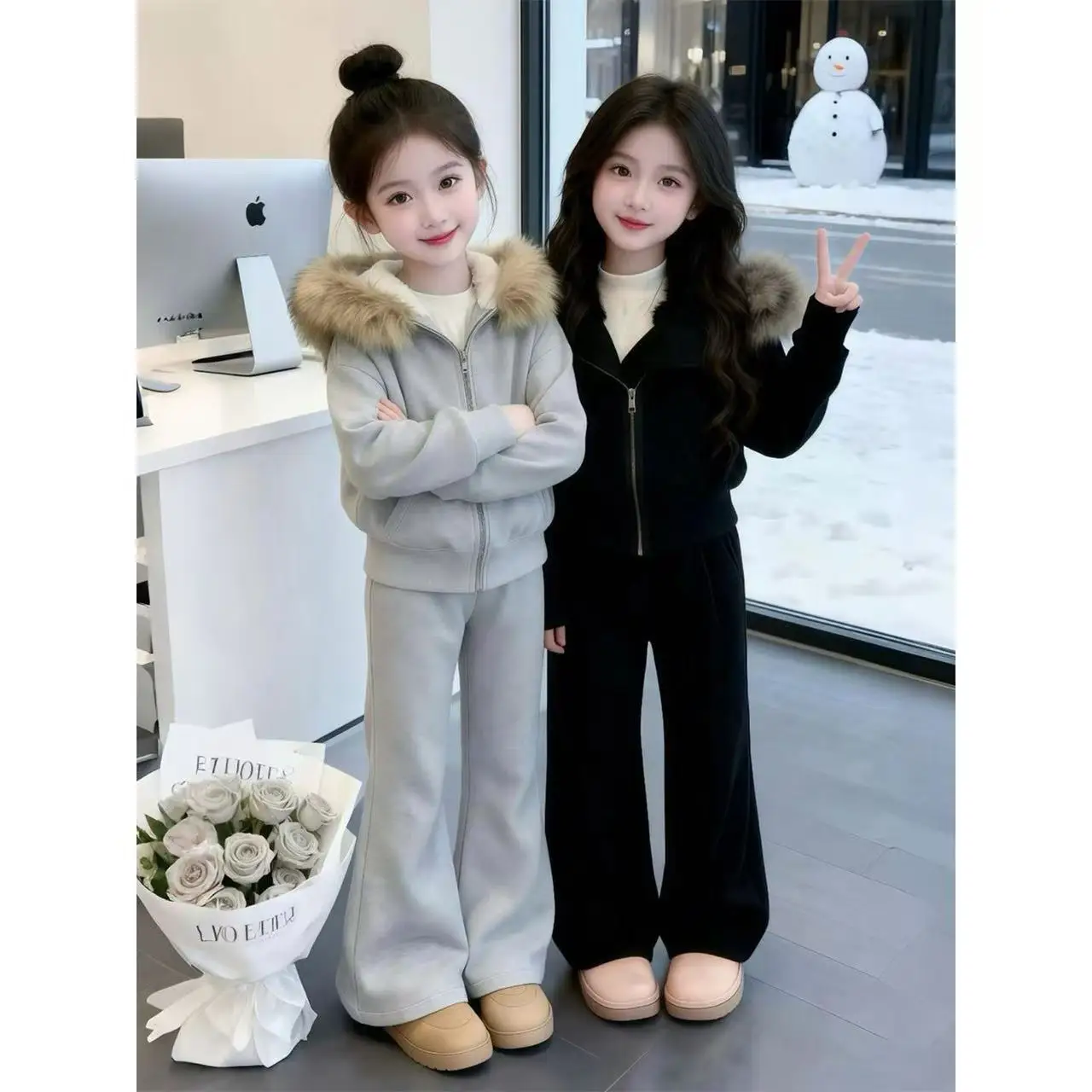 Fashion Girls Autumn Winter Plush Velvet Warm Set Cardigan Hooded Coat Bell-bottoms Pant 2pcs Outfit Children Boutique Clothing