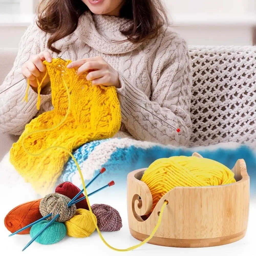 

New Wood Wool Bowl Bamboo Round Knitting Yarn Bowl Cat Shaped Wool Storage Bowl Mom